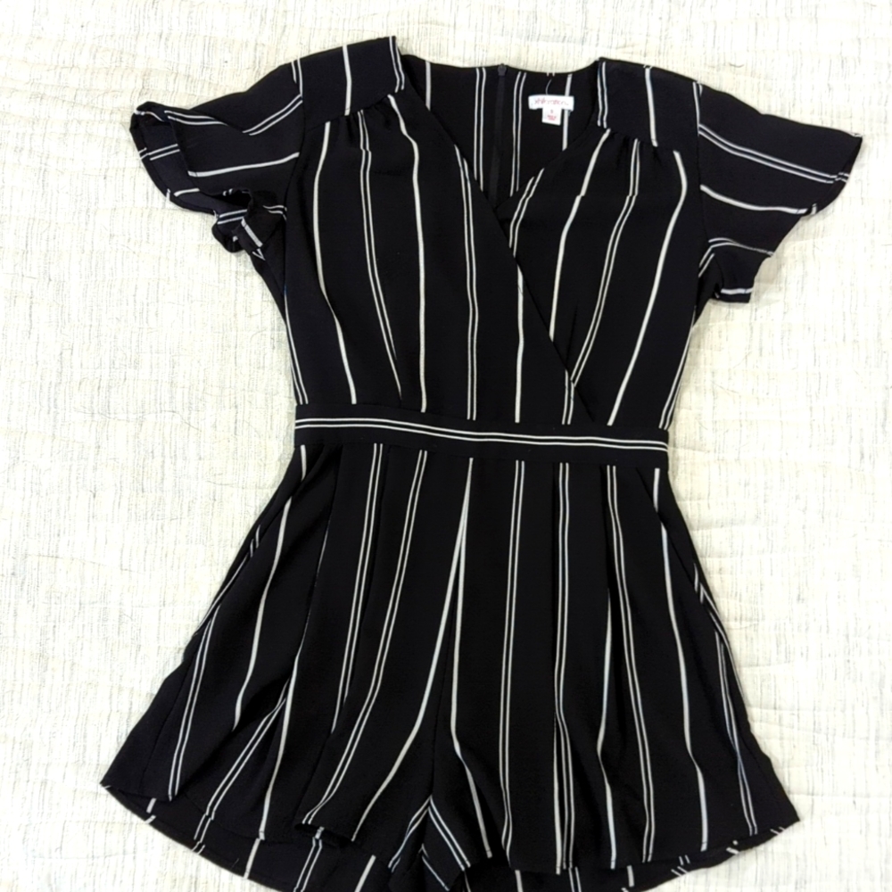 Xhilaration Black and White Striped V-Neck Romper
